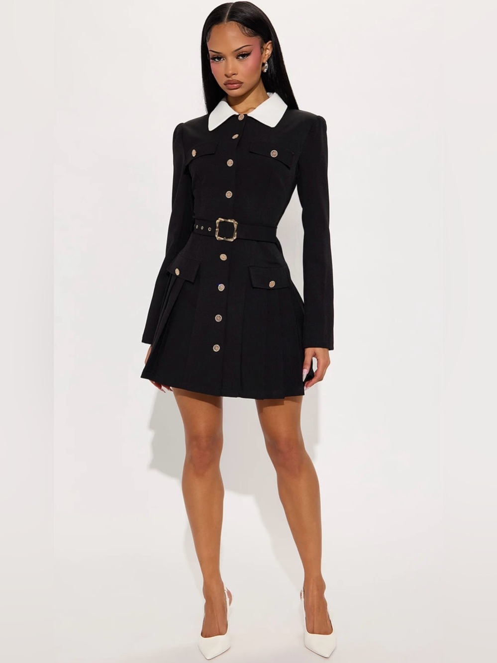 Black Contrast-Collar Long-Sleeve Belted Mini Dress
